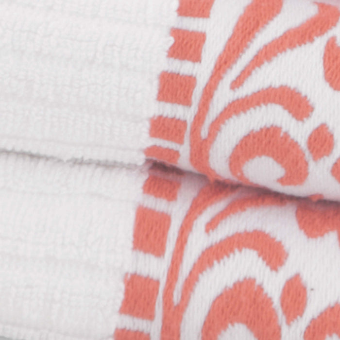 Athens Cotton Greek Scroll and Floral 4 Piece Assorted Bath Towel Set - White-Coral