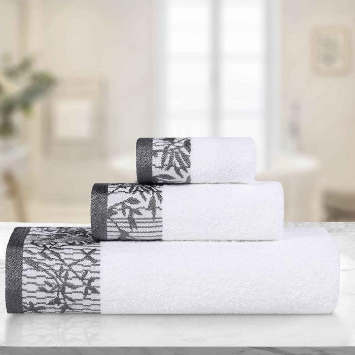 Wisteria Cotton Floral Embroidered Jacquard Border 3-Piece Towel Set