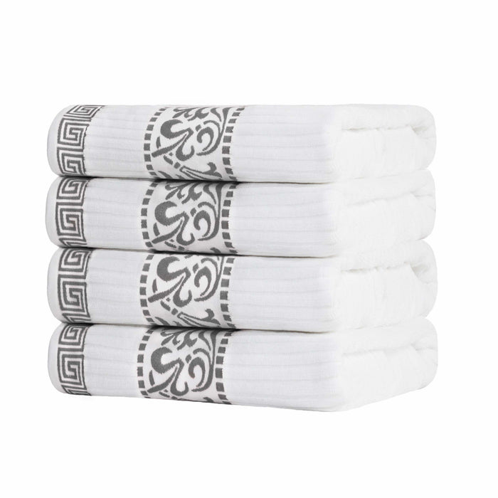 Athens Cotton Greek Scroll and Floral 4 Piece Assorted Bath Towel Set - White-Gray