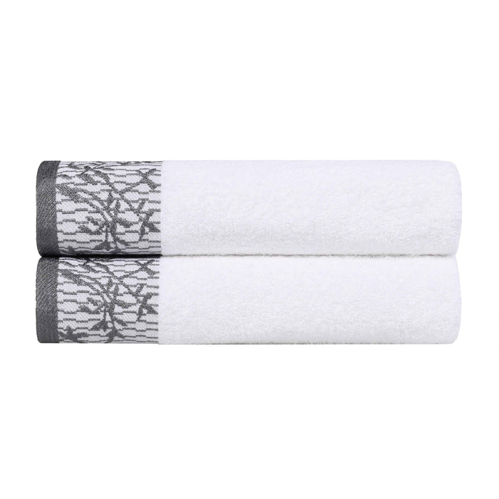 Wisteria Cotton Floral Embroidered Jacquard Border Bath Towel Set of 2