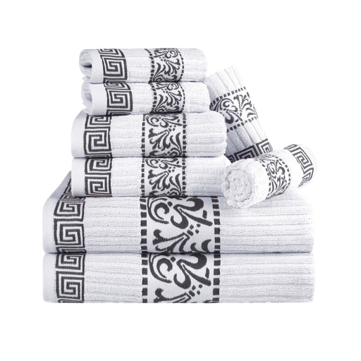 Athens Cotton with Greek Scroll and Floral Pattern 8-Piece Towel Set - White-Gray