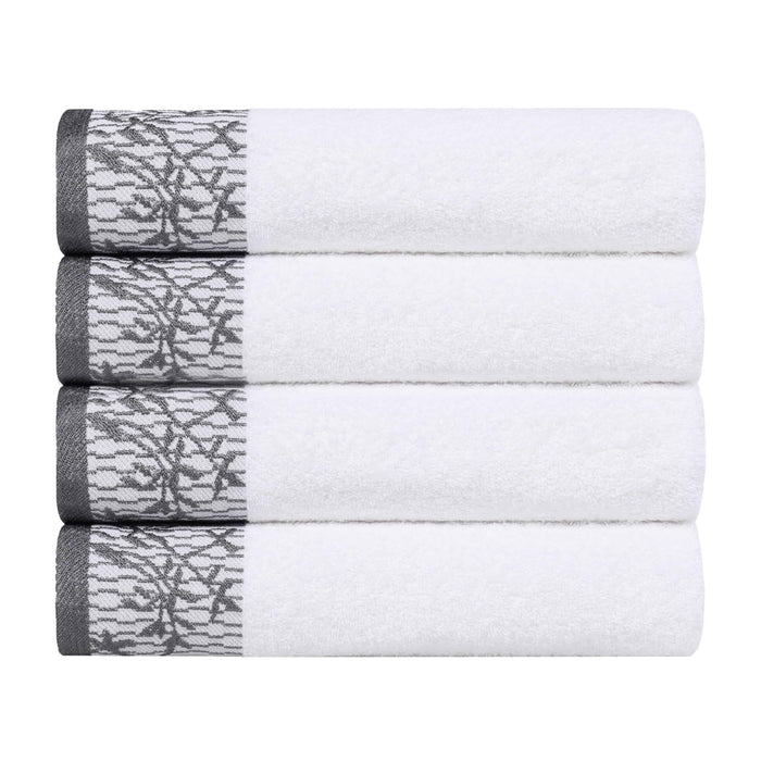 Wisteria Cotton Floral Embroidered Jacquard Border Bath Towel Set of 4