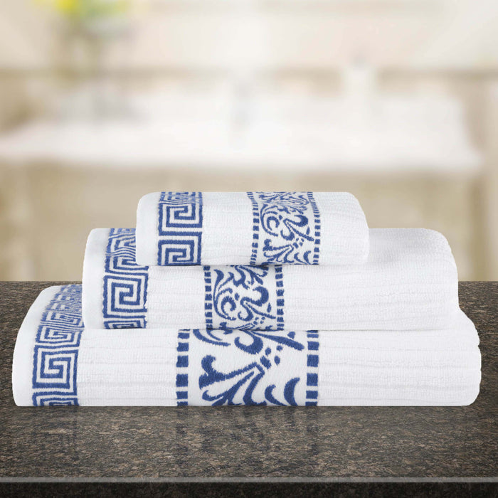 Athens Cotton Greek Scroll and Floral 3-Piece Assorted Towel Set  - White-NavyBlue