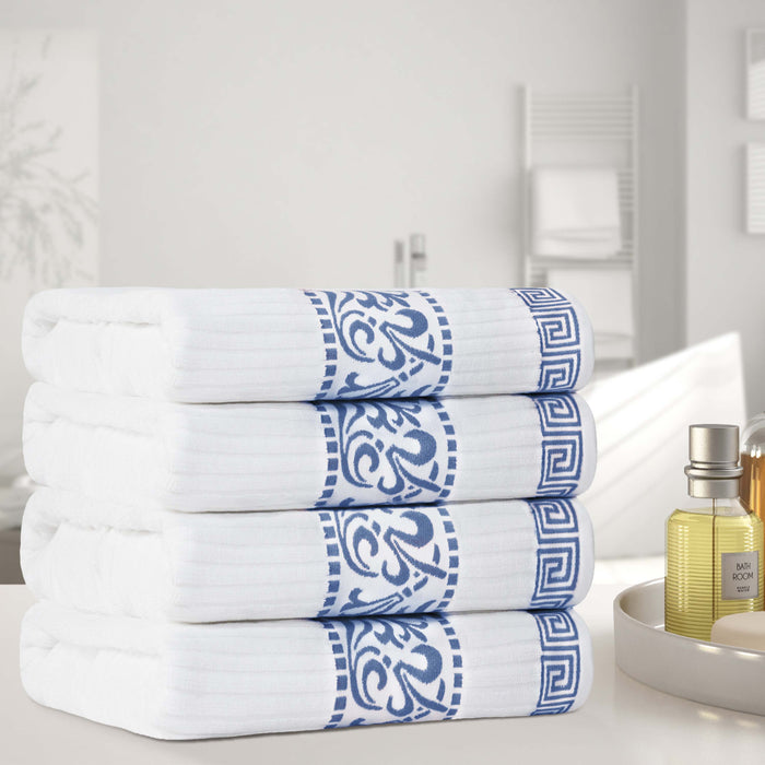 Athens Cotton Greek Scroll and Floral 4 Piece Assorted Bath Towel Set - White-NavyBlue