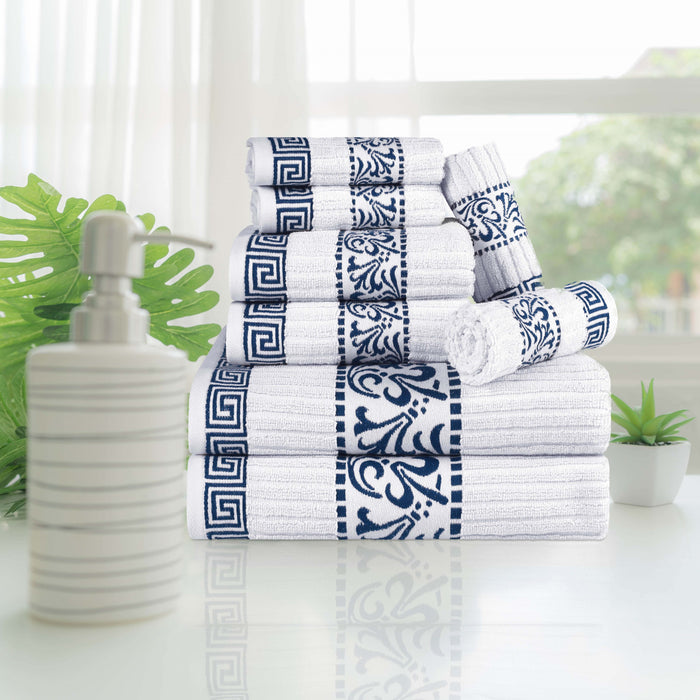 Athens Cotton with Greek Scroll and Floral Pattern 8-Piece Towel Set - White-NavyBlue