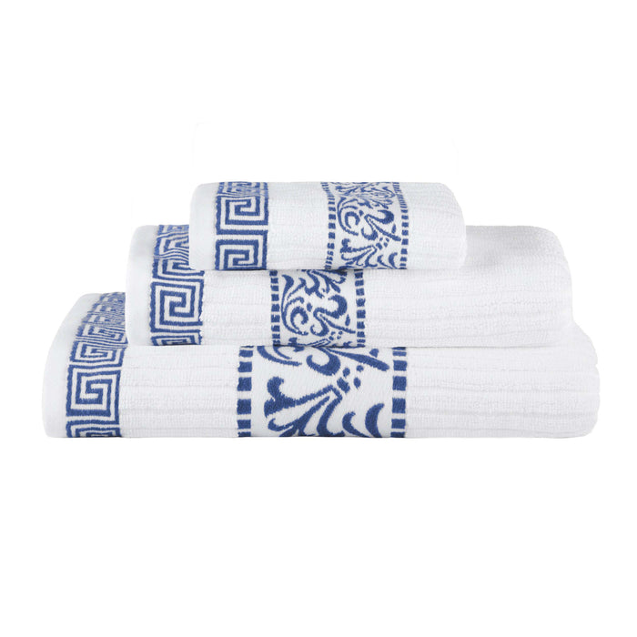 Athens Cotton Greek Scroll and Floral 3-Piece Assorted Towel Set  - White-NavyBlue