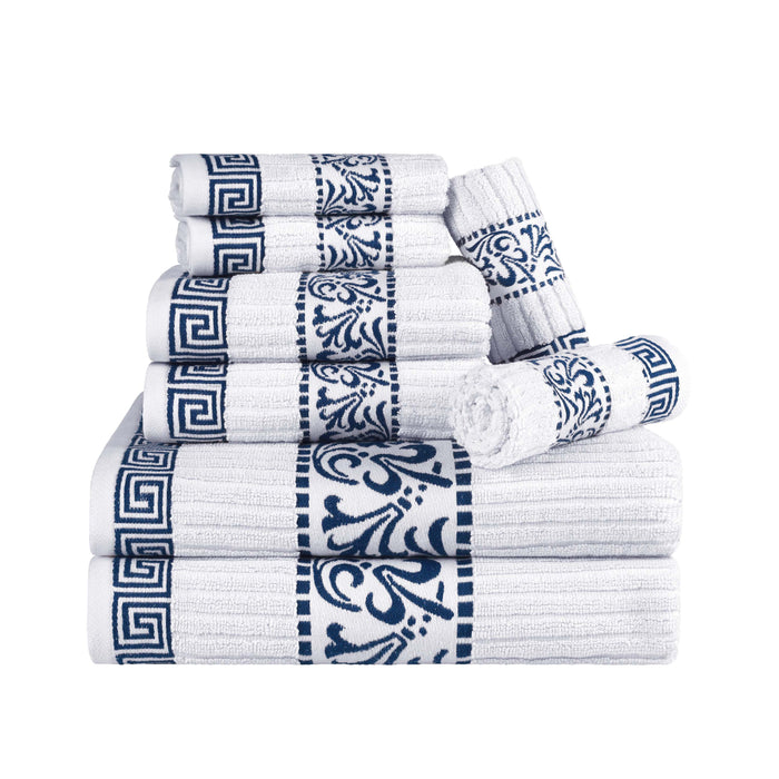 Athens Cotton with Greek Scroll and Floral Pattern 8-Piece Towel Set - White-NavyBlue