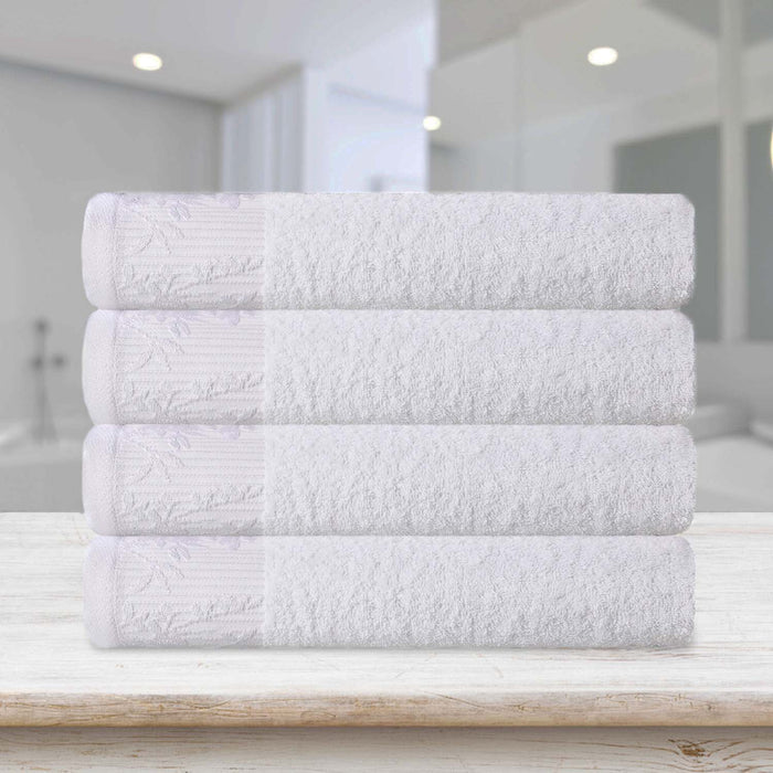 Wisteria Cotton Floral Embroidered Jacquard Border Bath Towel Set of 4