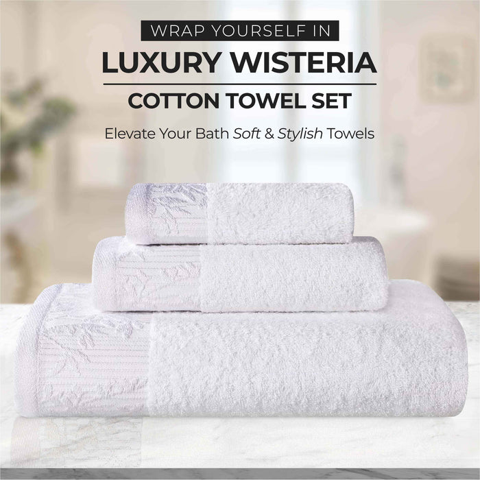 Wisteria Cotton Floral Embroidered Jacquard Border Bath Towel Set of 4