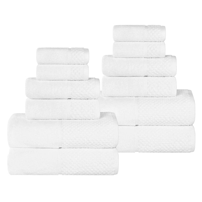 Lodie Cotton Plush Jacquard Solid and Two-Toned 12 Piece Towel Set - White
