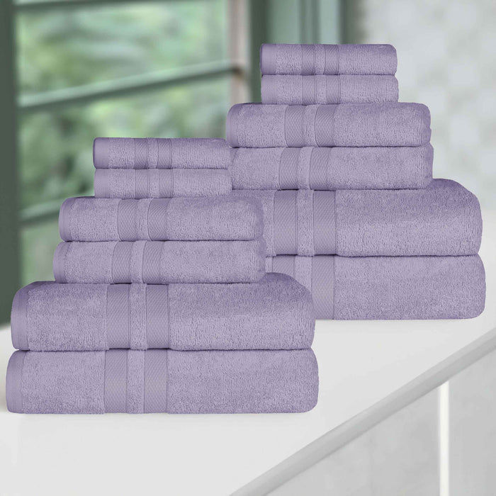 Ultra-Soft Cotton Absorbent Quick-Drying 12 Piece Assorted Towel Set - Wisteria
