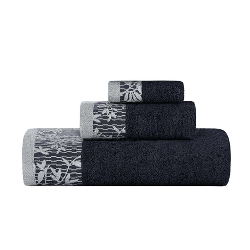 Wisteria Cotton 3-Piece Assorted Towel Set with Floral Bohemian Embroidered Jacquard Border -  Black