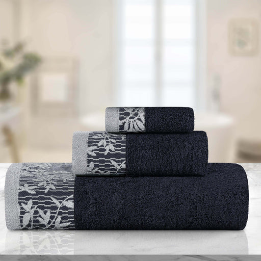 Wisteria Cotton 3-Piece Assorted Towel Set with Floral Bohemian Embroidered Jacquard Border -  Black