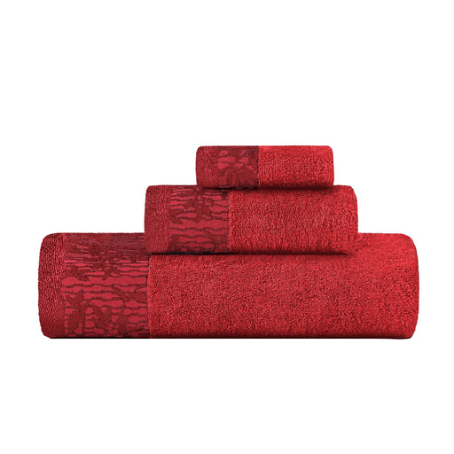 Wisteria Cotton 3-Piece Assorted Towel Set with Floral Bohemian Embroidered Jacquard Border -  Garnet Red
