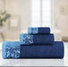 Wisteria Cotton 3-Piece Assorted Towel Set with Floral Bohemian Embroidered Jacquard Border -  Navy Blue