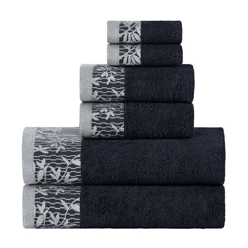Wisteria Cotton 6-Piece Assorted Towel Set with Floral Bohemian Embroidered Jacquard Border -  Black