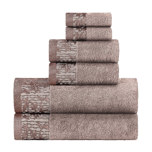 Wisteria Cotton 6-Piece Assorted Towel Set with Floral Bohemian Embroidered Jacquard Border -  Frappe brown