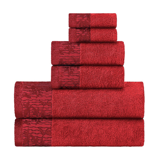 Wisteria Cotton 6-Piece Assorted Towel Set with Floral Bohemian Embroidered Jacquard Border -  Garnet Red