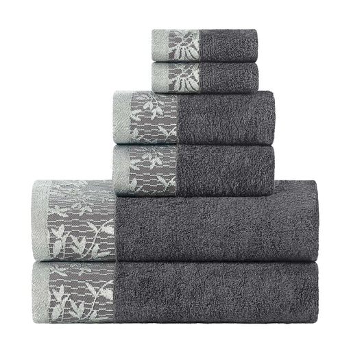Wisteria Cotton 6-Piece Assorted Towel Set with Floral Bohemian Embroidered Jacquard Border -  Gray