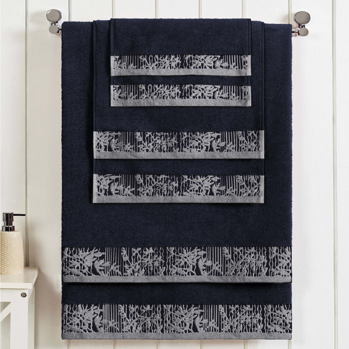 Wisteria Cotton 6-Piece Assorted Towel Set with Floral Bohemian Embroidered Jacquard Border -  Black