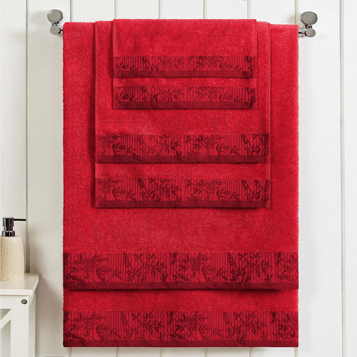 Wisteria Cotton 6-Piece Assorted Towel Set with Floral Bohemian Embroidered Jacquard Border -  Garnet Red
