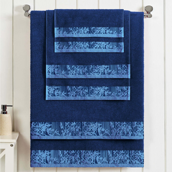 Wisteria Cotton 6-Piece Assorted Towel Set with Floral Bohemian Embroidered Jacquard Border -  Navy Blue