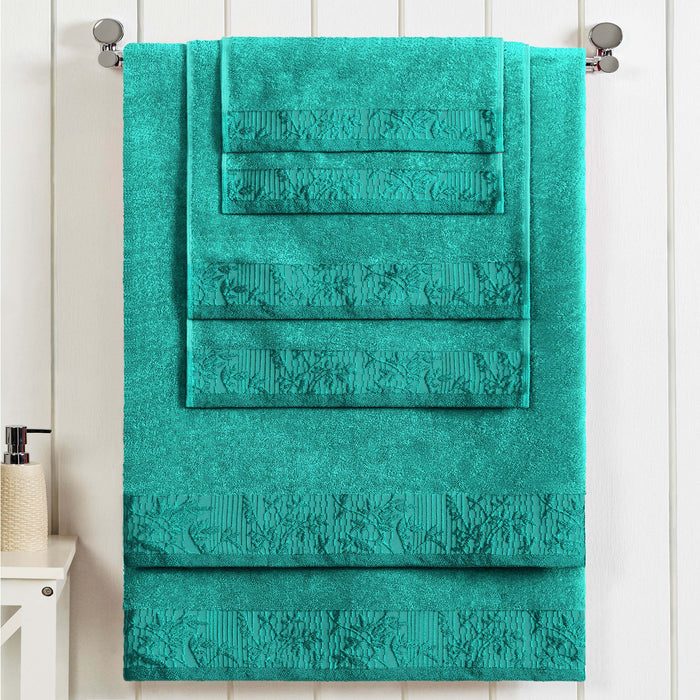 Wisteria Cotton 6-Piece Assorted Towel Set with Floral Bohemian Embroidered Jacquard Border -  Turquoise