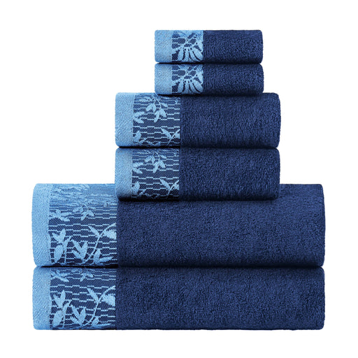 Wisteria Cotton 6-Piece Assorted Towel Set with Floral Bohemian Embroidered Jacquard Border -  Navy Blue
