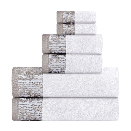 Wisteria Cotton 6-Piece Assorted Towel Set with Floral Bohemian Embroidered Jacquard Border -  White