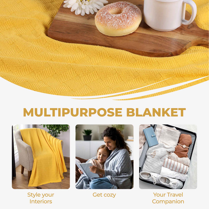 Basketweave All Season Cotton Bed Blanket & Sofa Throw -Yellow