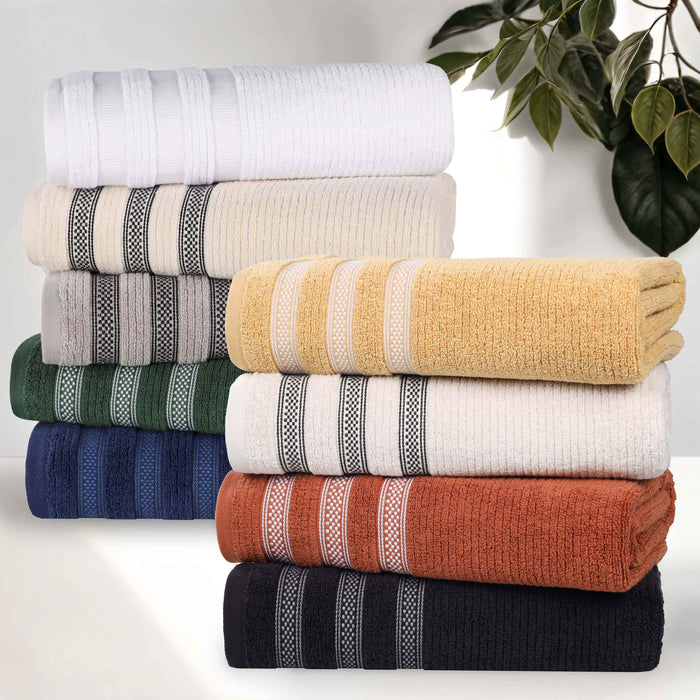 Zero Twist Cotton Ribbed Geometric Border Plush Bath Towel Set of 3