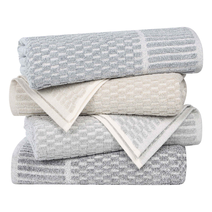 Juno Cotton Blend Medium Weight Checkered Border Bath Towels, Set of 2