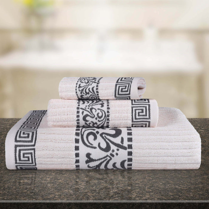 Athens Cotton Greek Scroll and Floral 3-Piece Assorted Towel Set  - Ivory-Gray