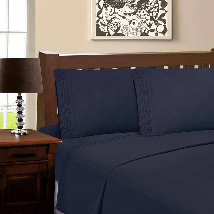 Microfiber Wrinkle Resistant Solid Infinity Embroidery Pillowcase Set - NavyBlue