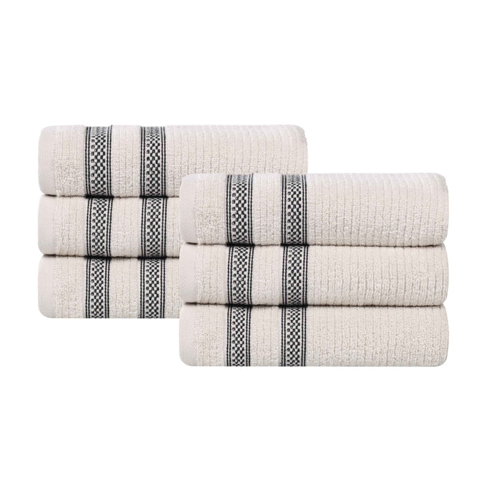 Zero Twist Cotton Ribbed Geometric Border Plush Hand Towel Set of 6