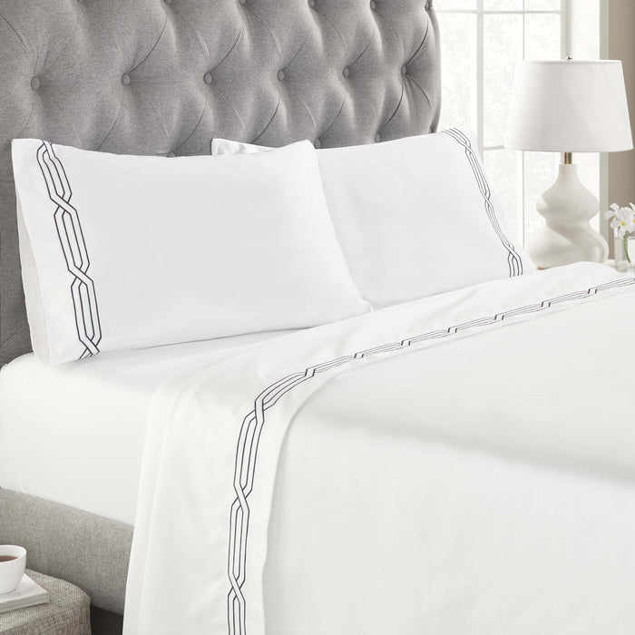 1200 Thread Count Egyptian Cotton Embroidered Geometric Bed Sheet Set - White/Navy Blue