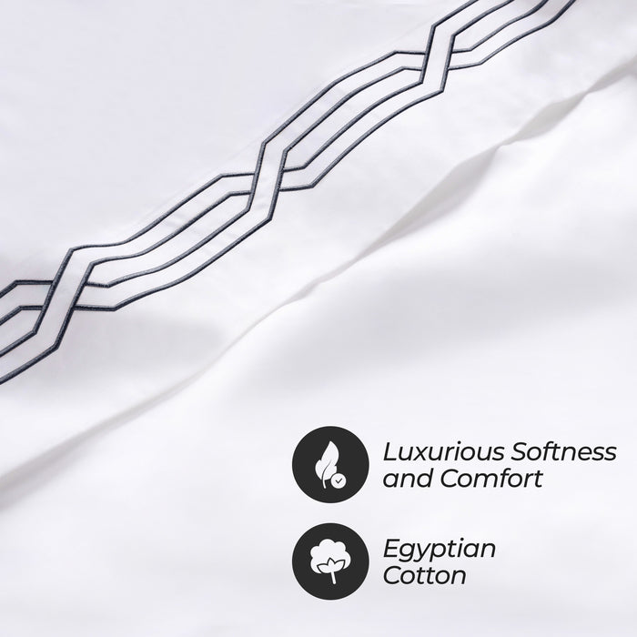1200 Thread Count Egyptian Cotton Embroidered Geometric Bed Sheet Set - White/Navy Blue