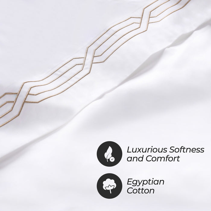 1200 Thread Count Egyptian Cotton Embroidered Geometric Bed Sheet Set - White/Taupe