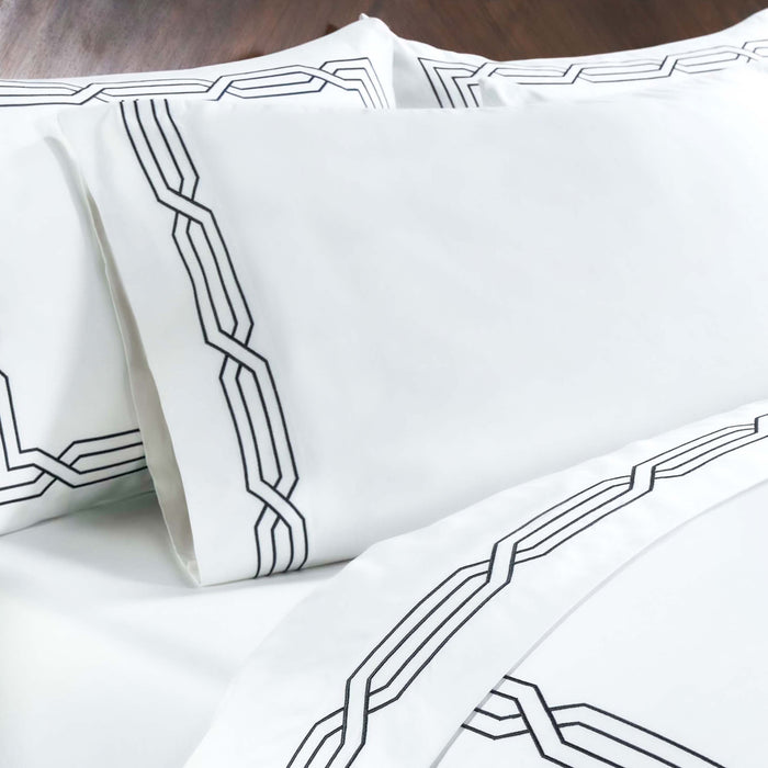 1200 Thread Count Egyptian Cotton Embroidered Geometric Bed Sheet Set - White/Charcoal