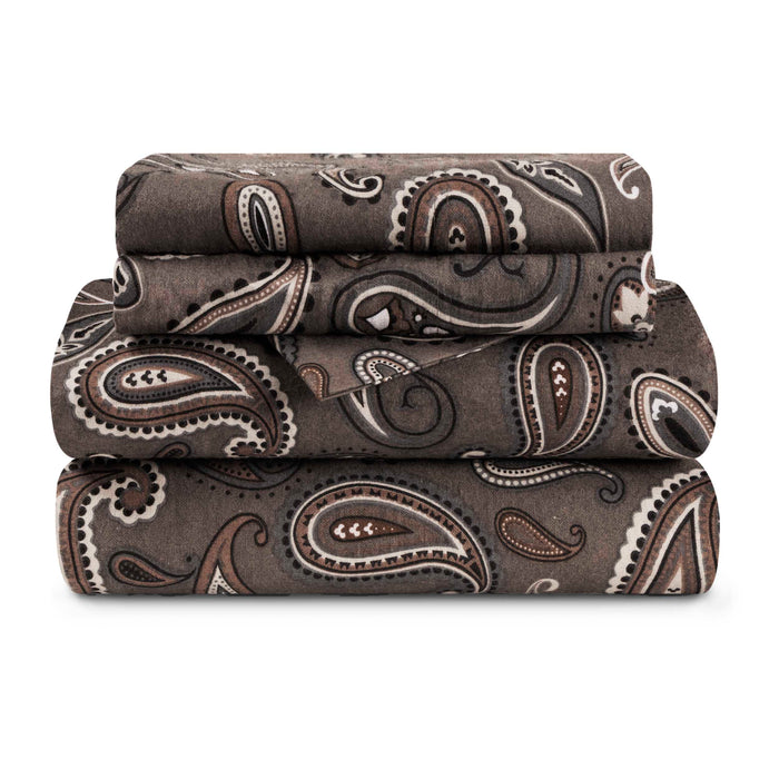 Flannel Cotton Floral Paisley Deep Pocket Bed Sheet Set - Charcoal
