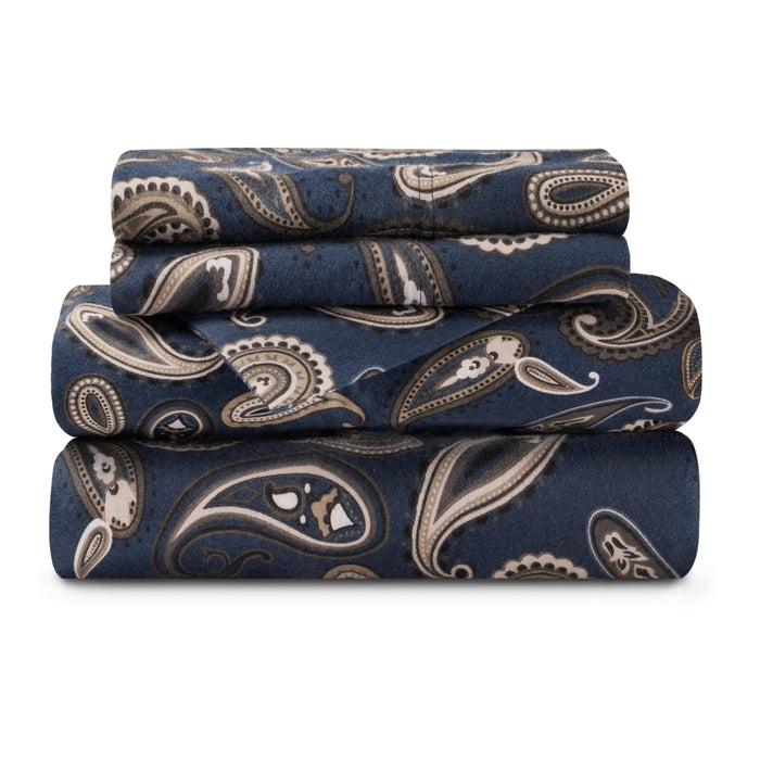 Flannel Cotton Floral Paisley Deep Pocket Bed Sheet Set - Navy Blue