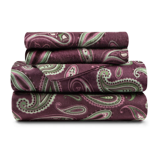 Flannel Cotton Floral Paisley Deep Pocket Bed Sheet Set - Purple