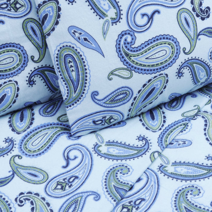 Flannel Cotton Floral Paisley Deep Pocket Bed Sheet Set - Blue