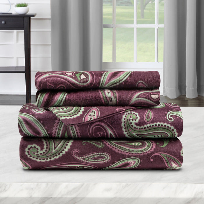 Flannel Cotton Floral Paisley Deep Pocket Bed Sheet Set - Purple