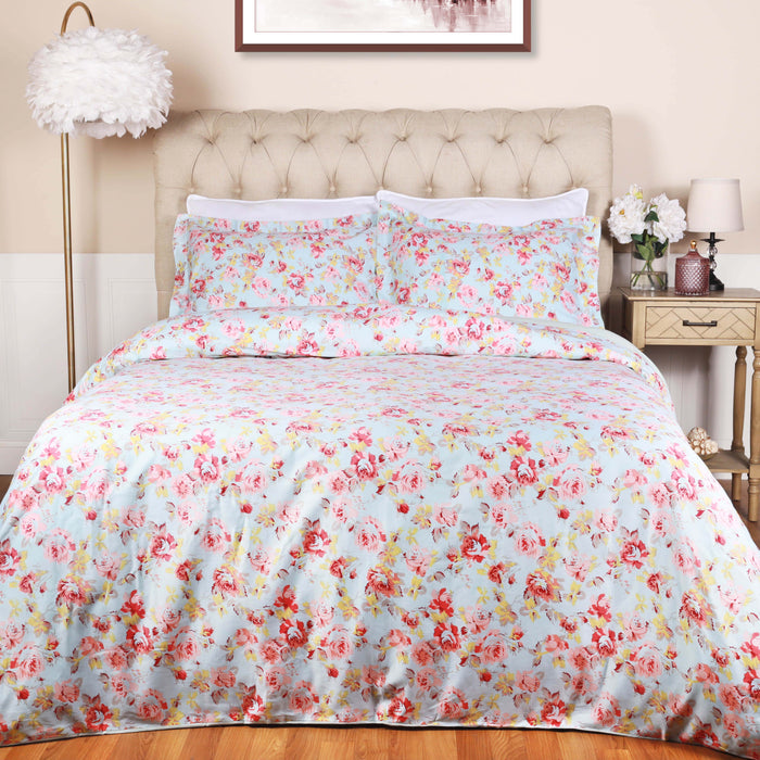300 Thread Count Solid or Floral Cotton All Season Duvet Cover Set - Light Blue