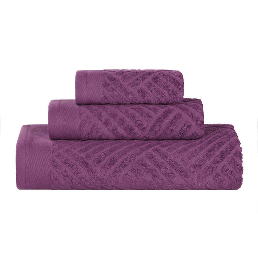 Basketweave Egyptian Cotton Jacquard 3 Piece Assorted Towel Set - Majestic Purple