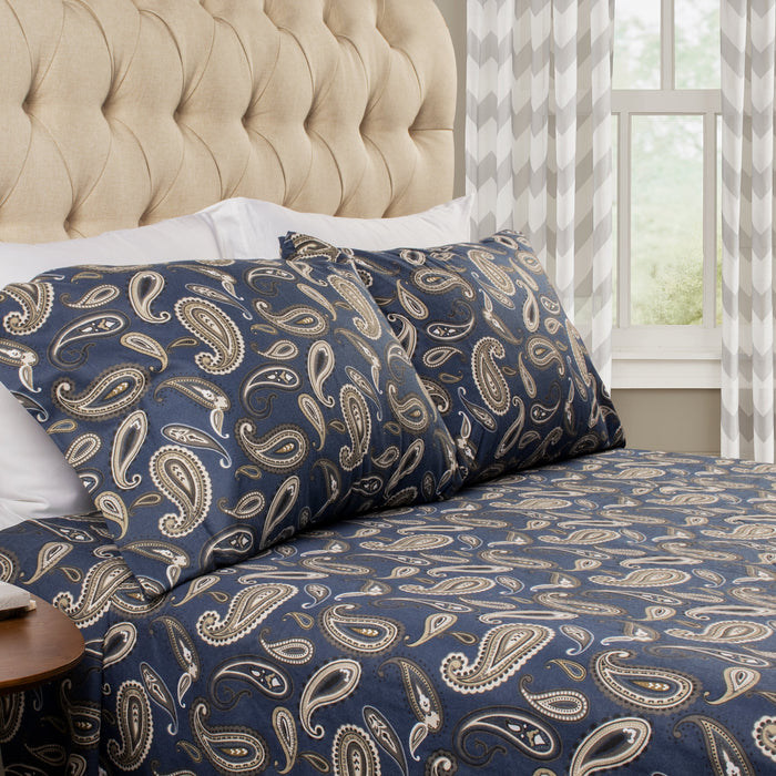 Flannel Cotton Floral Paisley Deep Pocket Bed Sheet Set - Navy Blue