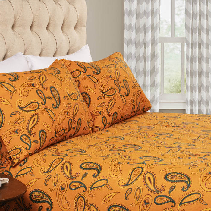 Flannel Cotton Floral Paisley Deep Pocket Bed Sheet Set - Pumpkin