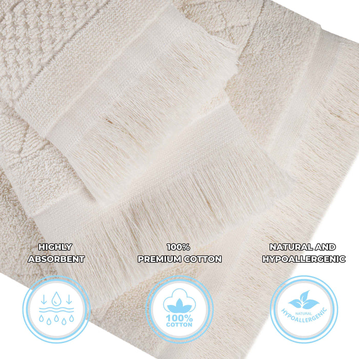Rolla Cotton Geometric Jacquard Plush Soft Absorbent 12 Piece Towel Set - Ivory