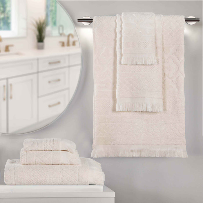 Rolla Cotton Geometric Jacquard Plush Soft Absorbent 6 Piece Towel Set - Ivory
